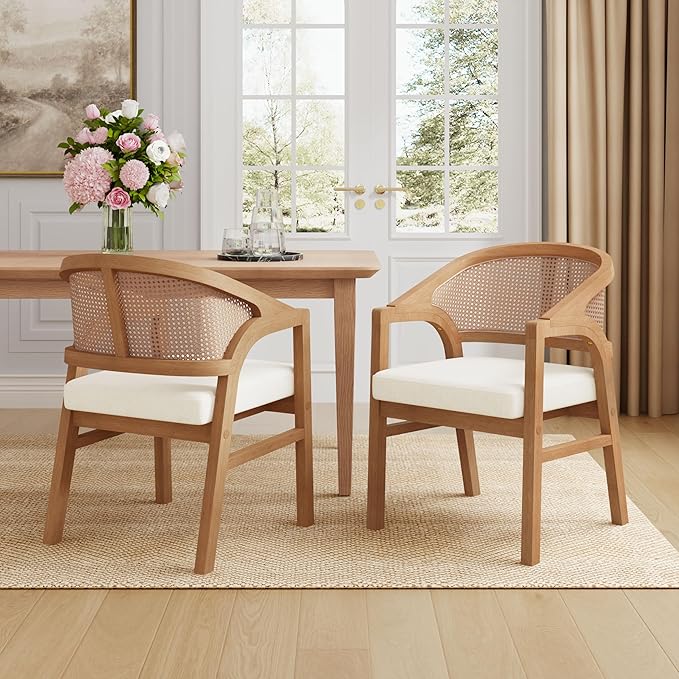 Christopher Knight Home Faritel Modern Wooden Dining Chairs Set of 2, Fabric Upholstered Kitchen Side Armchairs, Living Room Comfy Reading Chair with Curved Rattan Back, Natural Oak+Beige