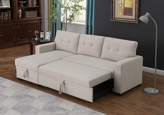 Devion Furniture Meridian 4-in-1 Convertible L Shaped Couch with Pull Out Bed and Storage, Sectional Sleeper Sofa with Reversible Chaise for Living Room, Apartment, Bedroom, Office