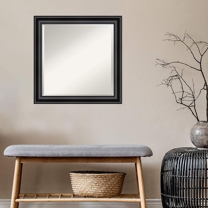 Amanti Art Black Bathroom Mirror for Over Sink, 24x24 Grand Black Narrow Square Vanity Mirror, Medium Casual Frame, Hangs Horizonally and Vertically, Bathroom Wall Decor, Beveled Edge