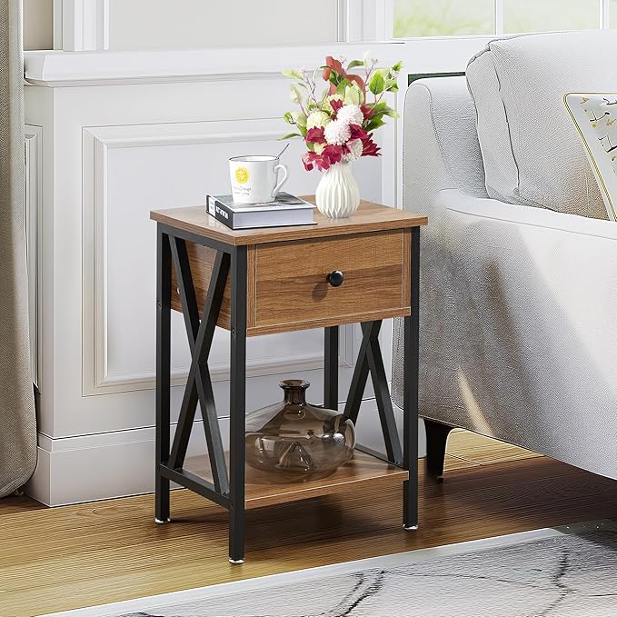 VECELO Nightstands Set of 2, Modern Bedside End Tables, Night Stands with Drawer and Storage Shelf for Living Room Bedroom, Industrial Metal Frame
