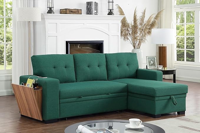 Ball & Cast Sectional Sleeper Sofa Bed,L-Shape Pull Out Couch,4 in 1 Pull-Out Sofabed W/Reversible Storage Chaise,USB Ports & Cup Holder,Convertible Sleeper Corner Couch W/Pull Out Bed,for Living Room