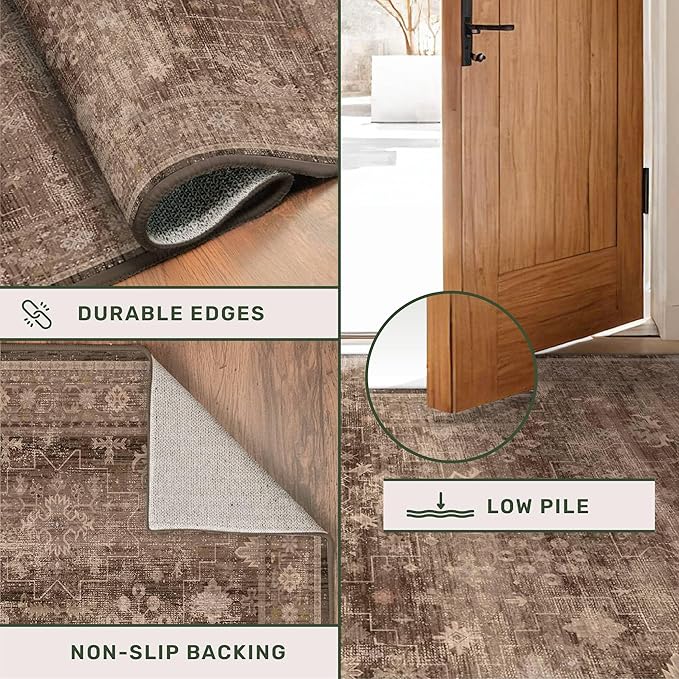 Boho Brown Living Room Rug 6x8 - Modern Vintage Traditional Oriental Taupe Neutral, Washable Low Pile Non-Slip Extra Large Area Rugs for Dining Under Table Bedroom Lounge