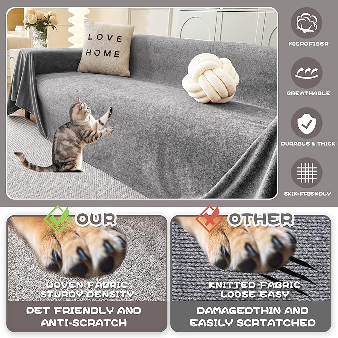MYSKY HOME Couch Cover Sofa Covers for 3 Cushion Couch, Dog Couch Cover Protector for Sectional Sofa Covers Couch Protector, Non Slip Furniture Covers for Pet Cat, 91" x 118", Grey