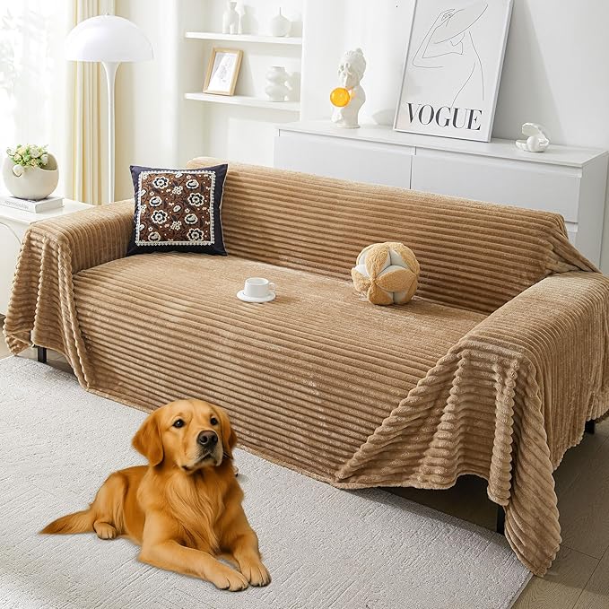 HAOMAIJIA Faux Fur Sofa Covers Couch Covers for 2 Cushion Couch Sofa Pet Friendly Soft Non Slip Couch Cover for Dogs Washable Sectional Couch Covers L Shape Furniture Protector (Khaki, 91"x118")