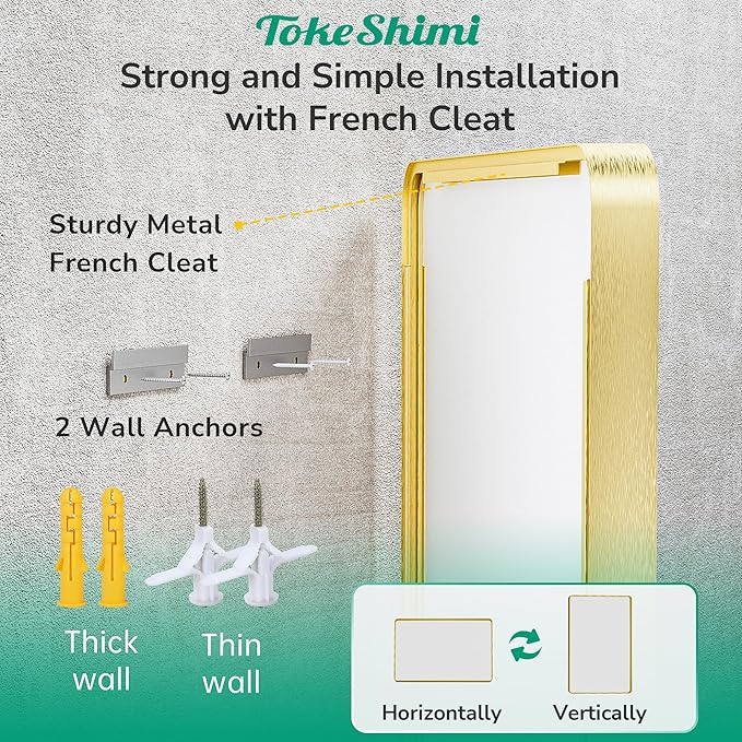 TokeShimi 48x30 Wall Mirror for Bathroom,Brushed Gold Bathroom Vanity Mirror Modern,Tempered Glass,Large Bathroom Mirror Rectangle,Metal Framed Bathroom Mirror(Horizontal/Vertical)