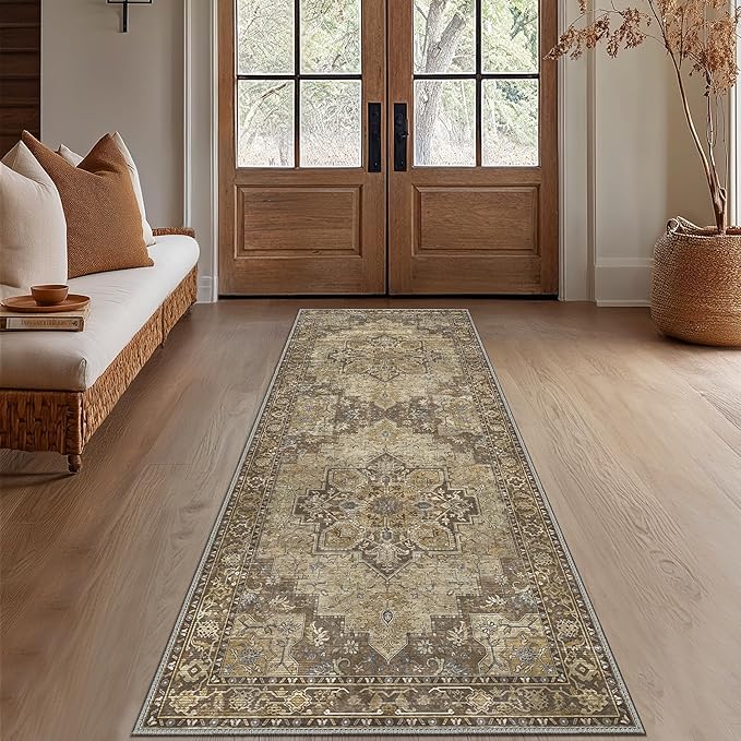 GENIMO 2'6''x12 Runner Rugs for Hallway, Machine Washable Non Slip Vintage Rugs, Low Pile Lightweight Soft Print Rug for enrtyway, Corridor, Home Office, Kitchen, Rustic Brown