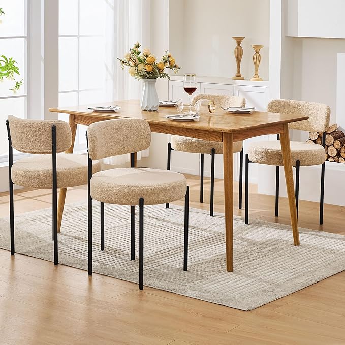 Dining Chairs Set of 4, Beige Boucle Dining Chair, Curved Backrest Upholstered Dining Room Chairs with Black Metal Legs, Mid Century Modern Dining Chairs for Kitchen, Living Room, Beige