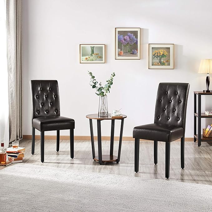 Yaheetech Dining Chairs Set of 2 Modern Style Faux Leather Dining Room Chairs with Solid Wood Legs and Button Tufted Padded for Home Kitchen, Brown
