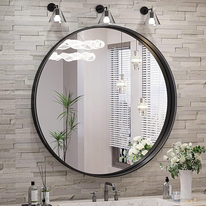 TokeShimi Black Round Mirror 36 Inchs Wall Mounted Black Circle Bathroom Mirror with Non-Rusting Aluminum Alloy Brushed Matte Metal Frame for Modern Minimalist Farmhouse Home Decor