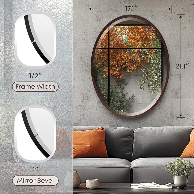 OVALCREST - Oval Wooden Beveled Wall Mirror for Home Decor, Bathroom, Vanity, Bedroom, Living Room, Hallway - London Style (Black Walnut) 17.1 x 21.1