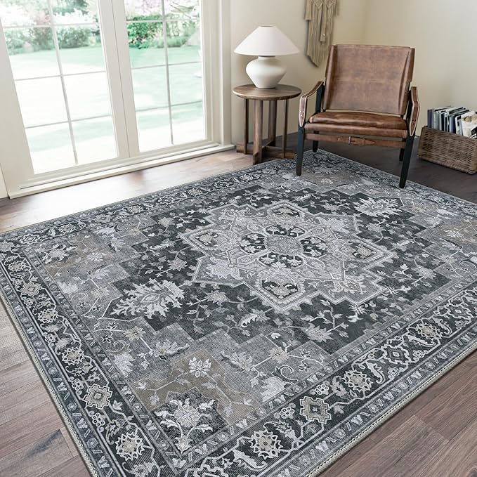 GENIMO 10x14 Area Rugs for Living Room, Machine Washable Non Slip Vintage Rugs, Low Pile Lightweight Chenille Print Rug for Bedroom, Dining Room, Home Office,Dark Gray