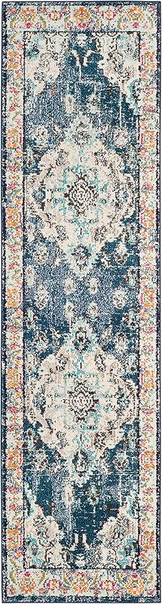 SAFAVIEH Monaco Collection Runner Rug - 2'2" x 14', Navy & Light Blue, Boho Chic Medallion Distressed Design, Non-Shedding & Easy Care, Ideal for High Traffic Areas in Living Room, Bedroom (MNC243N)