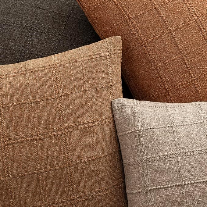 Foindtower Set of 2 Decorative Linen Check Throw Pillow Covers Neutral Farmhouse Vintage Cushion Covers Modern Boho Home Decor for Sofa Chair Couch Bedroom Living Room Outdoor,20×20 Inch,Brick