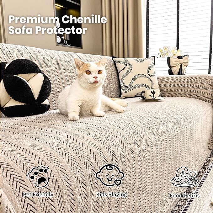 Nobildonna Sofa Chair Cover Waterproof Soft Thicken Chenille Cushion Couch Cover with Tassels,Washable Sofa Slipcovers for Armchair Recliner Sectional Sofa Furniture Protector, Brown 71"x71"