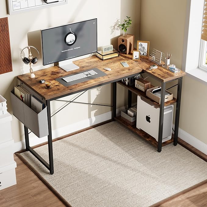 L Shaped Computer Desk with Reversible Shelves, 40 Inch Small Corner Desk with Storage Bag, Gaming Desk Computer Table Study Writing Desk for Home Office Small Space, Rustic Brown