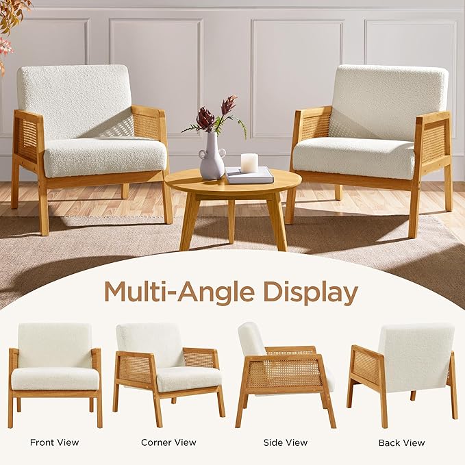 Yaheetech Boucle Fabric Accent Chair, Vintage Rattan Vanity Chair with Wood Armrest and Legs for Living Room Bedroom Makeup Room, Ivory, 2 pcs
