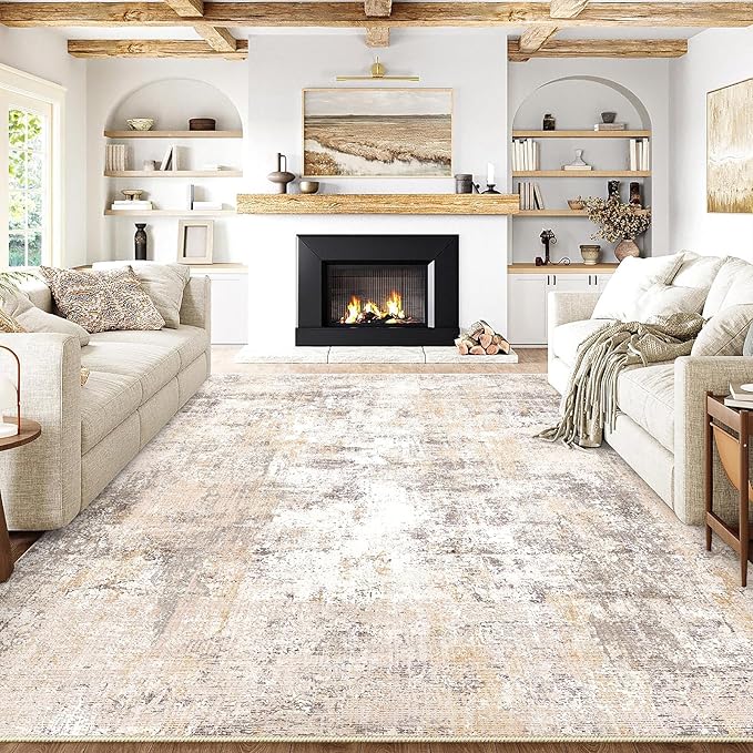 12x15 Washable Area Rug Beige Grey Neutral Abstract Living Room Bedroom Large Throw Rug Non Slip Soft Low Pile Indoor Floor Carpet for Dining Room Kitchen Office Entryway