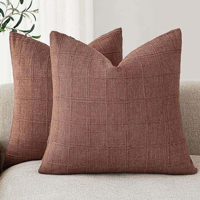 Foindtower Set of 2 Decorative Linen Check Throw Pillow Covers Neutral Farmhouse Vintage Cushion Covers Modern Boho Home Decor for Sofa Chair Couch Bedroom Living Room Outdoor,16×16 Inch,Autumnal Red