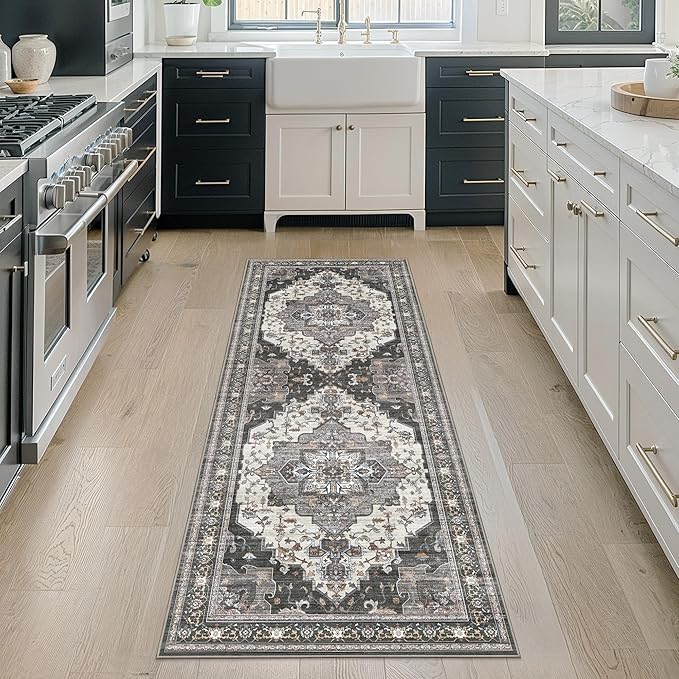 GENIMO 2X5 Hallway Runner Rug, Machine Washable Non Slip Vintage Floral Patchwork Runners, Thin Low Pile Chenille Carpet Runners for Entryway, Kitchen, Bathroom, Bedroom, Slate Gray