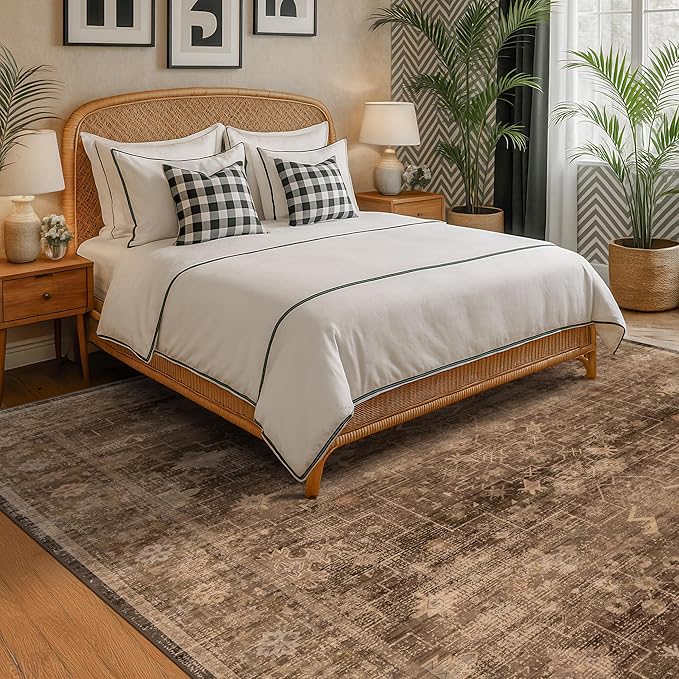Brown Rug for Living Room 10x14 - Extra Large Vintage Western Unique Neutral Taupe, Washable Low Pile Non-Slip Soft Thin Area Rug for Dining Under Table, Bedroom Under Bed, Home Office