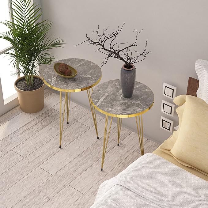 PAK HOME - Set of 2 End Table - High Gloss Shiny Grey Marble Look Round Wood Sofa Side Coffee Tables for Small Spaces, Nightstand Bedside Table with Gold Metal Legs for Bedroom, Living Room