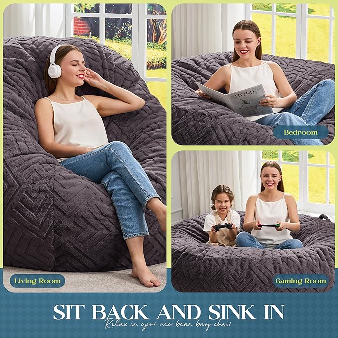Hobestluk Bean Bag Chairs Adults Beanbag Chair with Filler Large Bean Bags with Fluffy Embossed Cover, Giant Bean Bag Chairs for Adults (Dark Grey, 5FT - 50” x 50” x 24”)