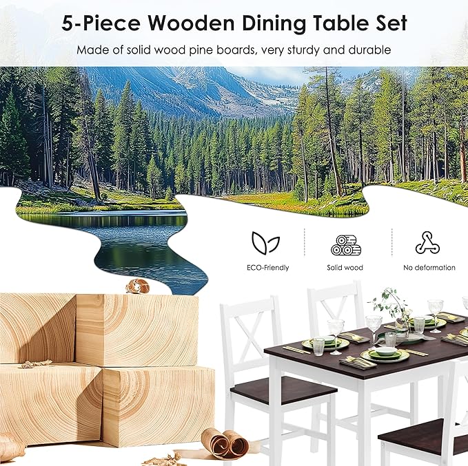 Sogesfurniture Dining Table Set for 4, 42.5" Pine Wood & Walnut Vintage Style, 5 Pieces, Space Saving, Easy Assembly