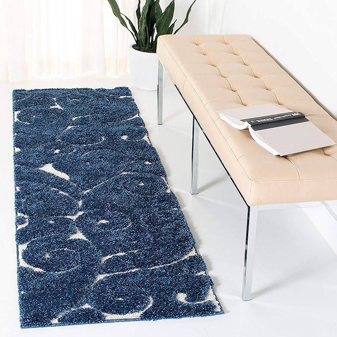 SAFAVIEH Florida Shag Collection Runner Rug - 2'3" x 7', Dark Blue & Cream, Scroll Design, Non-Shedding & Easy Care, 1.2-inch Thick Ideal for High Traffic Areas in Living Room, Bedroom (SG455-6511)