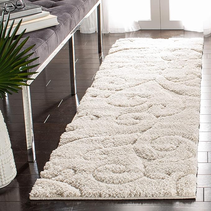 SAFAVIEH Florida Shag Collection Runner Rug - 2'3" x 17', Creme & Creme, Scroll Design, Non-Shedding & Easy Care, 1.2-inch Thick Ideal for High Traffic Areas in Living Room, Bedroom (SG455-1111)