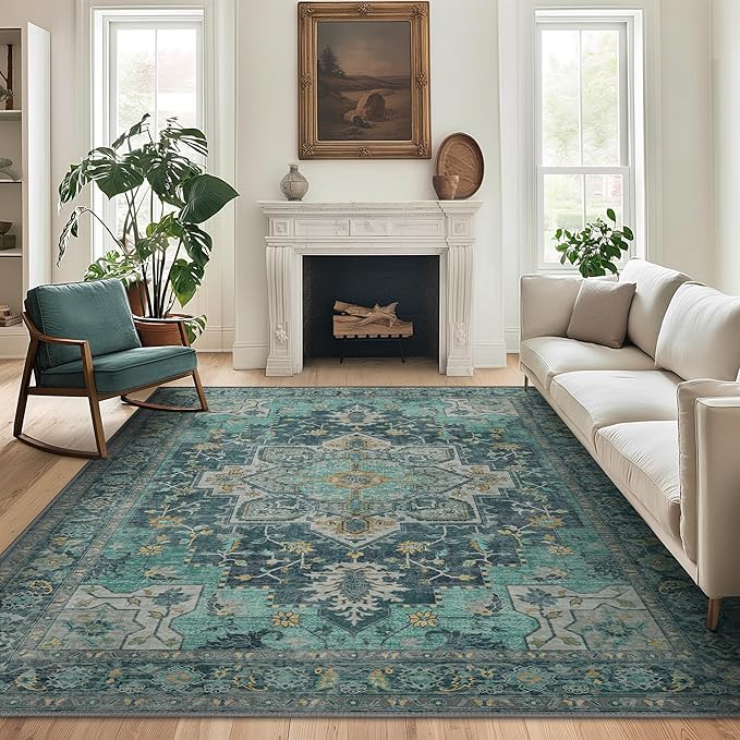 GENIMO 7'6''x9'6'' Area Rugs for Living Room, Machine Washable Non Slip Vintage Rugs, Low Pile Lightweight Chenille Print Rug for Bedroom, Dining Room, Home Office, Dark Green