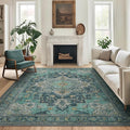 GENIMO 10x12 Area Rugs for Living Room, Machine Washable Non Slip Vintage Rugs, Low Pile Lightweight Chenille Print Rug for Bedroom, Dining Room, Home Office, Dark Green