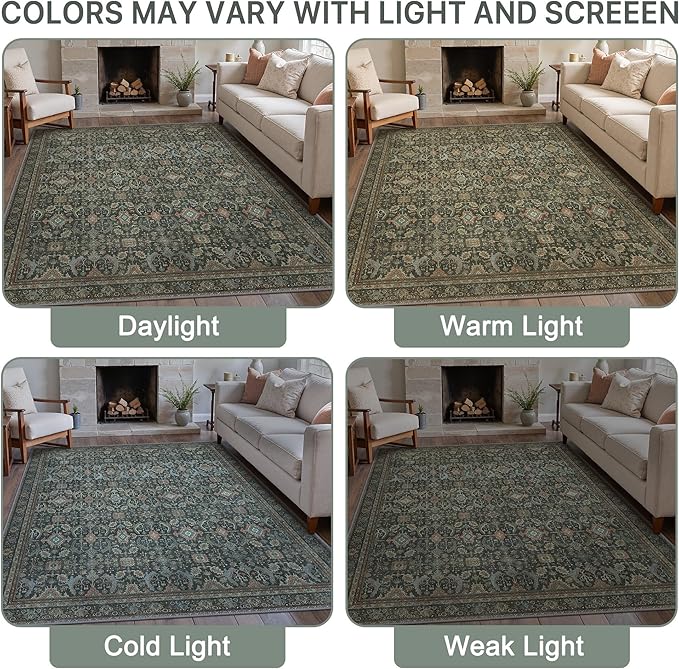 6X9 Area Rugs Machine Washable Rugs for Living Room, Vintage Boho Large Rugs for Bedroom Dining Room, Non Slip Indoor Soft Distressed Lightweight Thin Low Pile Carpet, Black