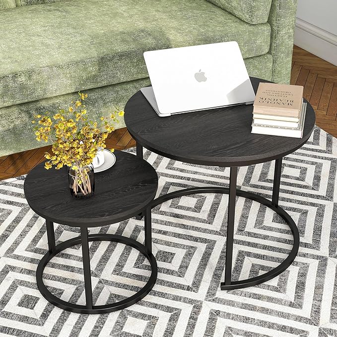 Small Coffee Table Set of 2, Round End Tables for Living Room, Modern Black Nesting Tables, Farmhouse Wood Side Table With Metal Frame, Easy Assembly, Stacking