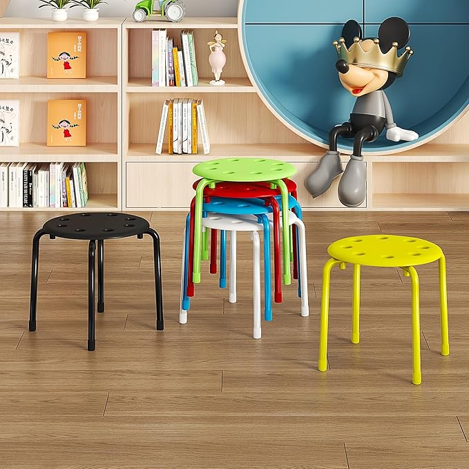 VECELO Stackable Stools for Classroom, 12" Height Plastic Portable Stacking Stool Chairs with Non-Slip Foot Mats for School Daycare Kindergarten Living Room (6 Pack)