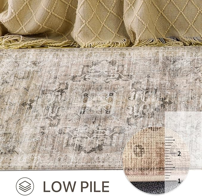 GENIMO 10x14 Area Rugs for Living Room, Machine Washable Non Slip Vintage Retro Rugs, Low Pile Lightweight Thin Print Rug for Bedroom, Dining Room, Home Office, Brownishi Drab
