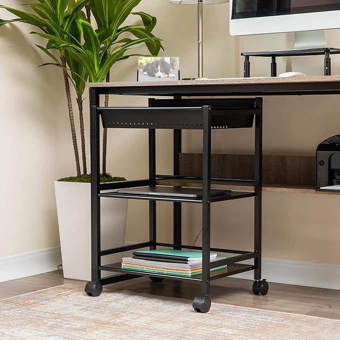 Mind Reader Cart with Covered Compartment, Office Organizer, Storage, 3-Tier, Office, Metal, 20" L x 14.25" W x 28.75" H, Black