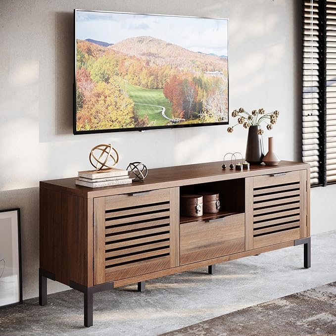 Bme Millie Solid Wood TV Stand for TVs up to 65 Inches, Modern Farmhouse TV Stand with Rustic Charm, TV Stands for Living Room, Chestnut