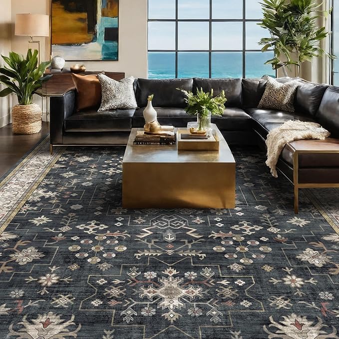 Boho Dining Room Rugs for Under Table - 6x9 Washable Black Area Rug for Living Room, Low Pile Non-Slip Rugs for Bedroom, Office - Charming Farmhouse Decor & Stain Resistance (6x9 Black/Multi)