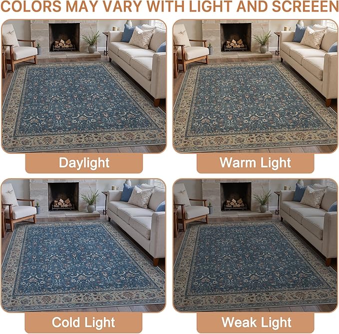 8X10 Area Rugs Machine Washable Rugs for Living Room, Vintage Boho Large Rugs for Bedroom Dining Room, Non Slip Indoor Soft Distressed Lightweight Thin Low Pile Carpet, Indigo