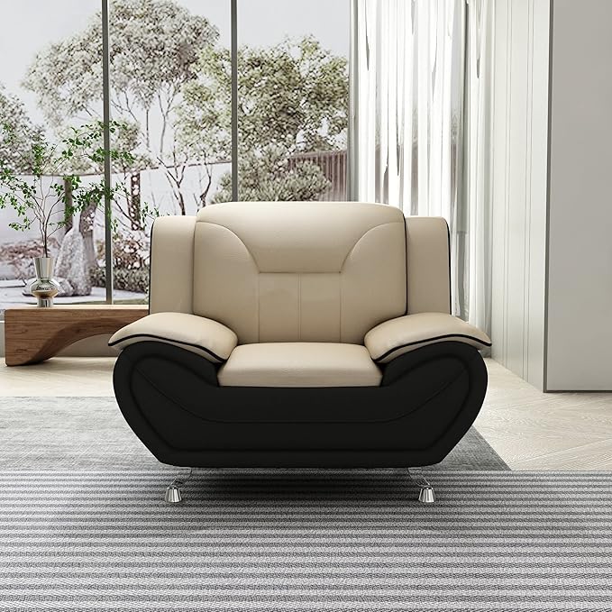 Container Furniture Direct Michael Modern Faux Leather Upholstered Stainless Steel Legs Living Room Sofa, Chair, Camel/Black