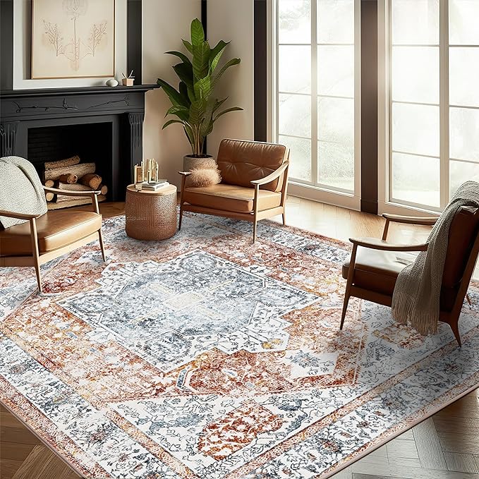 Area Rug 8x10 Washable Rug Tangerine Vintage Traditional Mat Distressed Indoor Foldable Thin Retro Accent Floral Print Rug Non Slip Carpet Living Room Dining Room Office