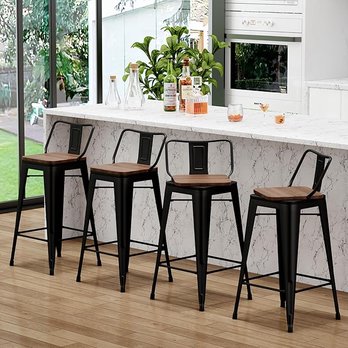 26 Inch Swivel Bar Stools Set of 2 with Backs Counter Height Industrial Metal Barstools Island Bar Chairs for Home Kitchen Dining Room (Swivel 26 inch,Matte Black Wooden)