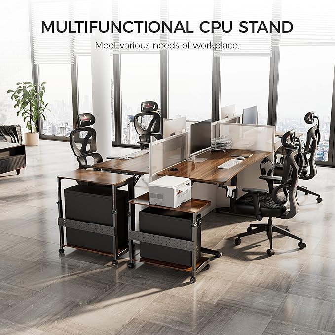 EUREKA ERGONOMIC PC Stand Computer Cart, Height Adjustable Tower Stand 2-Tier Suit for ATX Case Printer, Metal Rolling Cart on Wheels for Gaming Home Office, Walnut