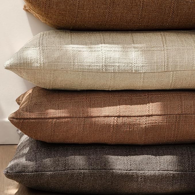 Foindtower Set of 2 Decorative Linen Check Throw Pillow Covers Neutral Farmhouse Lumbar Cushion Covers Modern Boho Home Decor for Sofa Chair Couch Bedroom Living Room Outdoor,12×20 Inch,Autumnal Red
