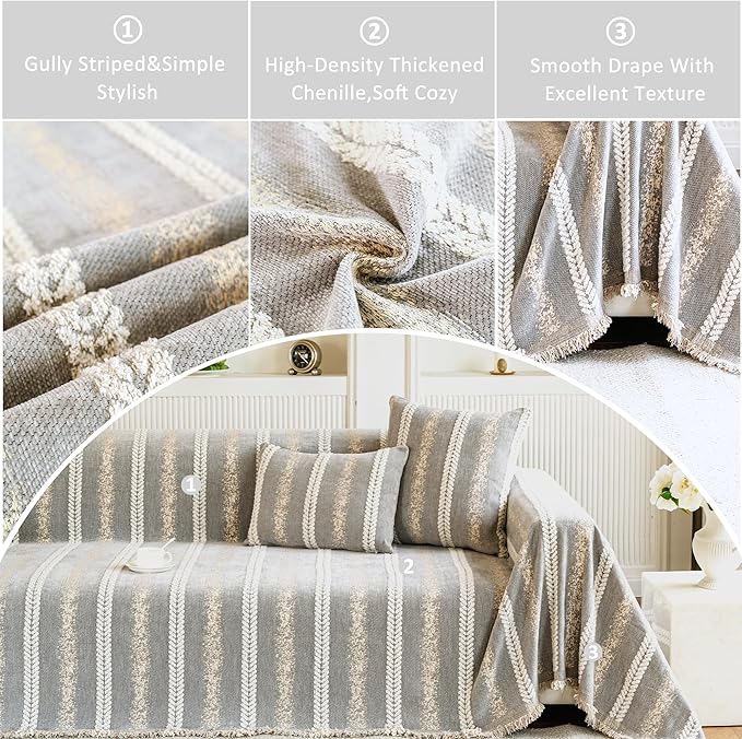 Couch Cover for Dogs Washable Sofa Cover, Sectional Couch Covers, Sofa Covers for 2 Cushion Couch, Non Slip Stripe Sofa Slipcovers Furniture Protector, Couch Protector from Cat Claws, Light,75''x150''