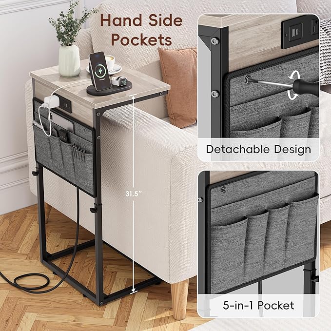 Vagusicc C-Shaped End Table Set of 2 with Charging Station, Small Side Table for Couch, Adjustable Height Couch Side Table, Slide Under Sofa Table TV Tray Tables for Living Room, Bedroom,Bedside, Gray