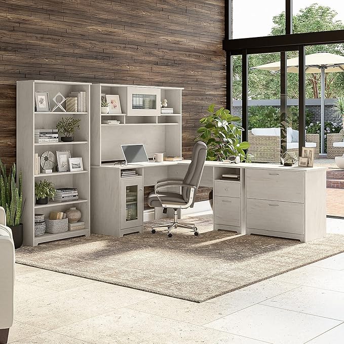 Bush Furniture Cabot Tall 5 Shelf Bookcase | Large Open Bookshelf in Linen White Oak | Sturdy Display Cabinet for Library, Living Room, and Home Office