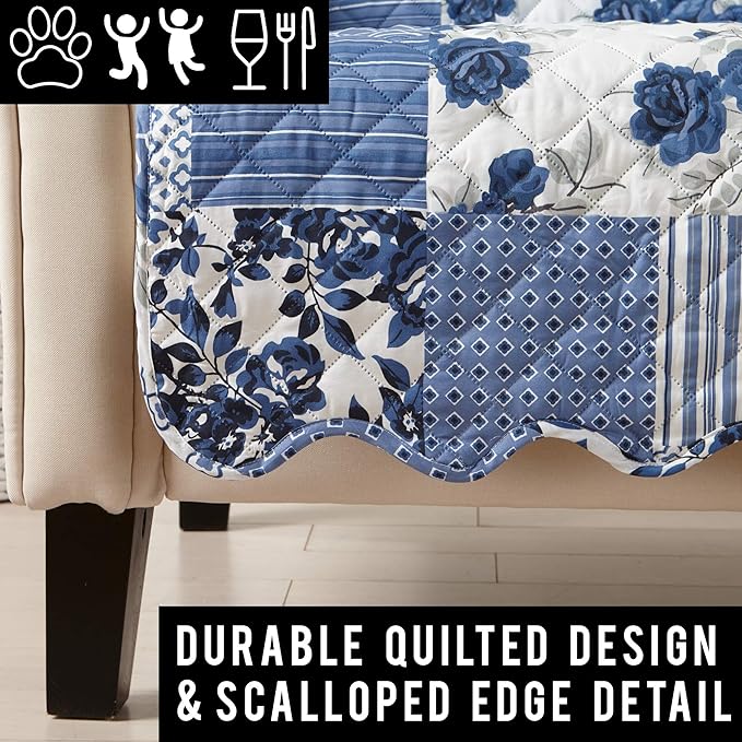 Great Bay Home Patchwork Scalloped Printed Furniture Protector Stain Resistant Chair Cover (Chair, Navy)