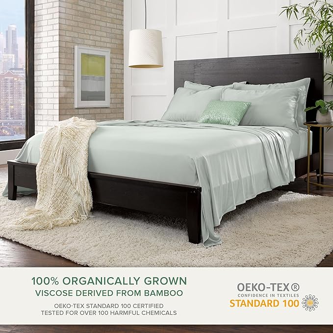 Queen Sheets by Pure Bamboo, Genuine 100% Organic Viscose Derived from Bamboo Bed Sheet Set, Luxuriously Soft & Cooling, Double Stitching, Lifetime Quality Promise (Queen, Sea Glass)