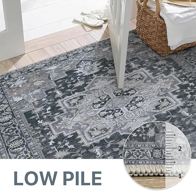 GENIMO 6x9 Area Rugs for Living Room, Machine Washable Non Slip Vintage Rugs, Low Pile Lightweight Chenille Print Rug for Bedroom, Dining Room, Home Office,Dark Gray
